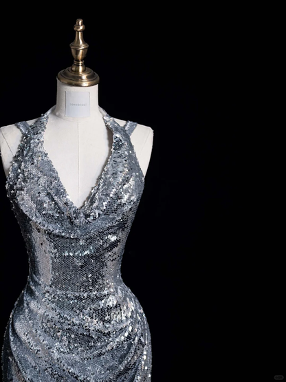 Sexy Sheath Halter Silver Sequin Long Open Back Prom Dress Graduation Prom Dress DP2014
