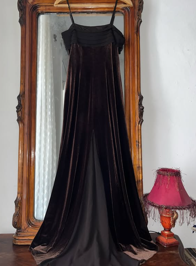 Vintage Sheath Spaghetti Strap Brown Velvet Prom Dress Evening Dress DP5725