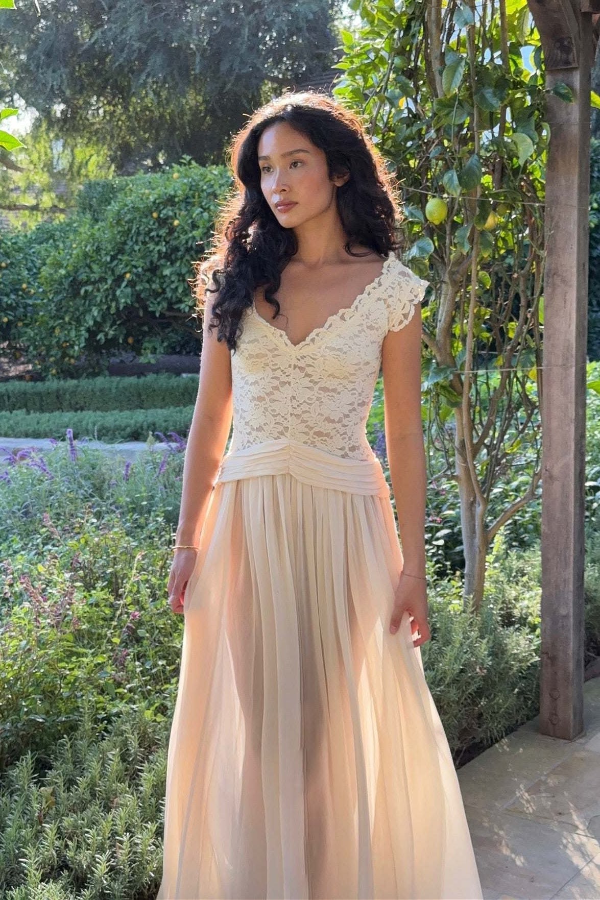 Ivory A Line V Neck Lace Chiffon Long Prom Dress Evening Dress DP7116