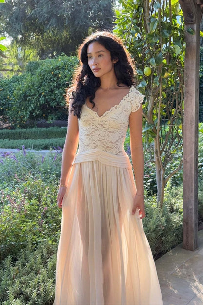 Ivory A Line V Neck Lace Chiffon Long Prom Dress Evening Dress DP7116