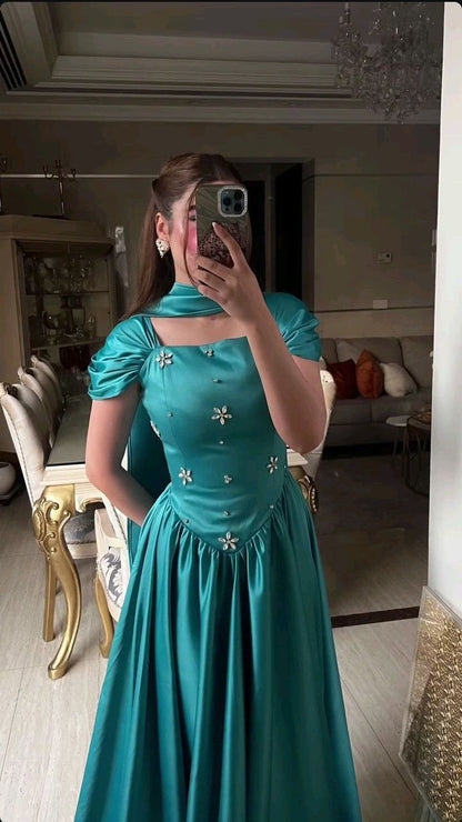 Elegant A Line Strap Rhinestone Blue Satin Long Prom Dress Party Dress DP4128