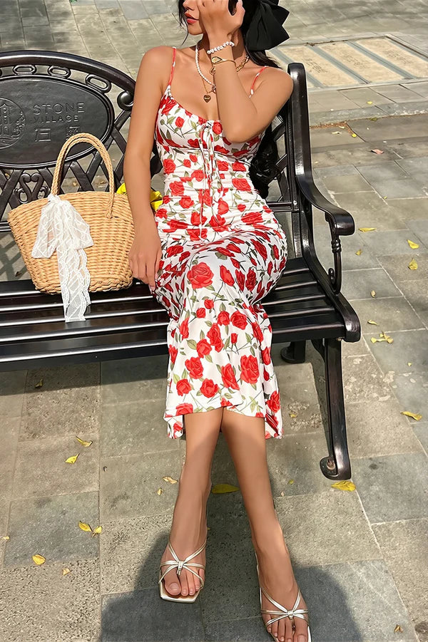 Summer Sheath Spaghetti Strap Red Rose Print Prom Dress Evening Dress DP5572