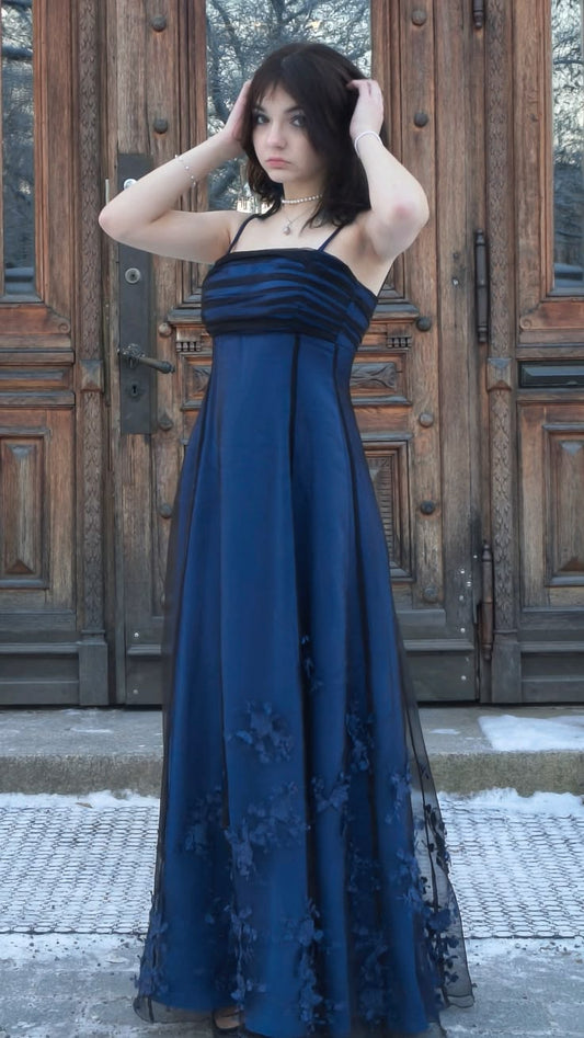 Navy Blue A Line Spaghetti Straps Tulle Satin Prom Dress Graduation Prom Dress DP5184