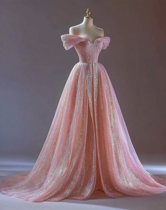Shiny A Line Off the Shoulder Pink Sequin Tulle Prom Dress Evening Dress DP3836