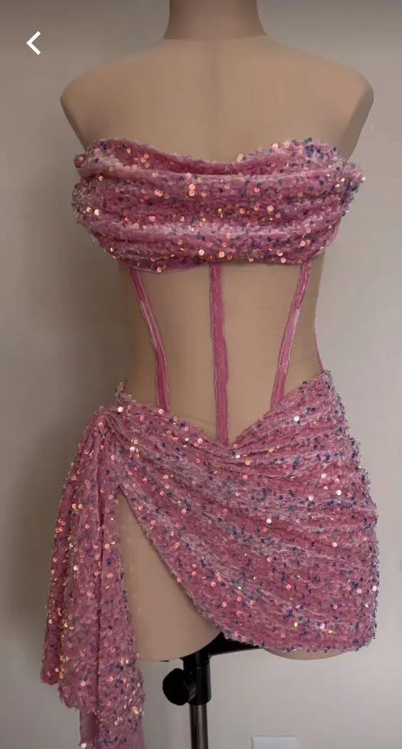 Pink Sequin Strapless Short Homecoming Dress DP570