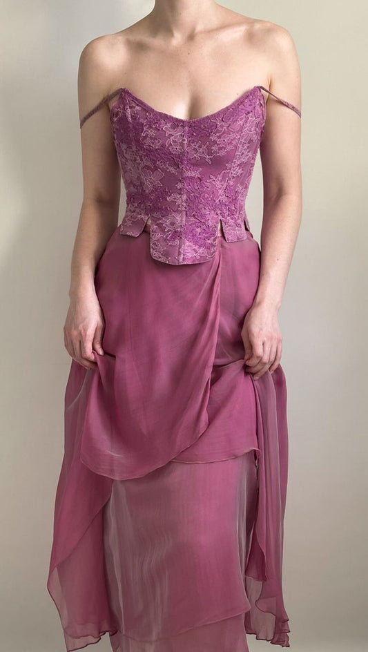 Vintage Purple A Line Spaghetti Straps Lace Chiffon Prom Dress Evening Dress DP5512