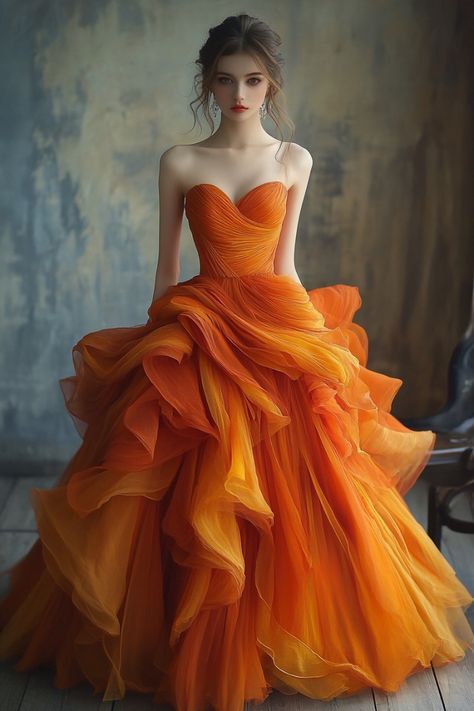 Stunning A Line Sweetheart Neck Ruffle Orange Tulle Long Prom Dress Evening Dress DP2003