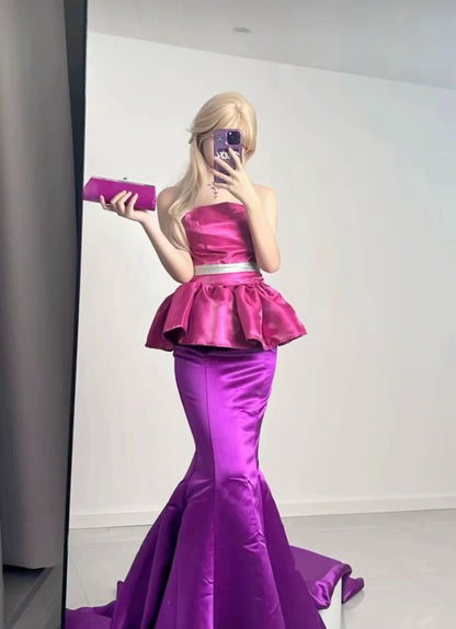 Barbie Pink Mermaid Strapless Satin Long Prom Dress Evening Dress DP3191