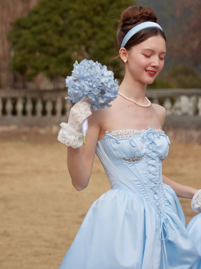 Cinderella A Line Strapless Blue Satin Prom Dress Party Dress DP2736