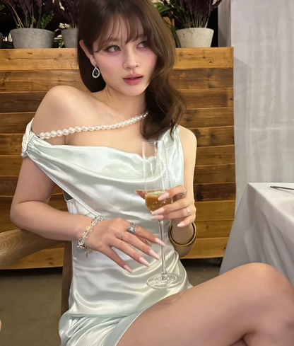 Light Green Sheath Straps Pearl Satin Prom Dress with Slit DP4251