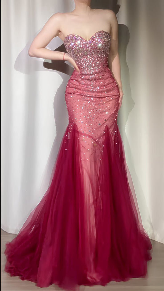 Shiny Red Mermaid Sweetheart Neck Beaded Tulle Prom Dress Party Dress DP4781