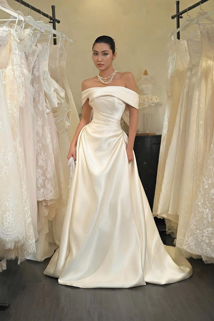 Elegant Ball Gown Off the Shoulder Pleated White Satin Wedding Dress DP6856