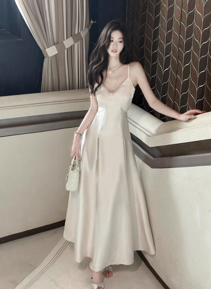 Simple White Spaghetti Strap Satin Prom Dress Evening Dress Party Dress DP3589