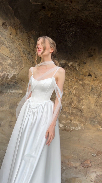 Ethereal A Line Spaghetti Strap White Tulle Satin Long Wedding Dress DP7195