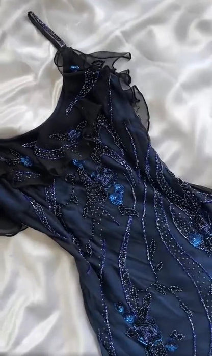 Navy Blue Gorgeous Exquisite Fashion Beaded Charming Long Tulle Elegant Ball Gown Evening Dress Party Dress DP3069
