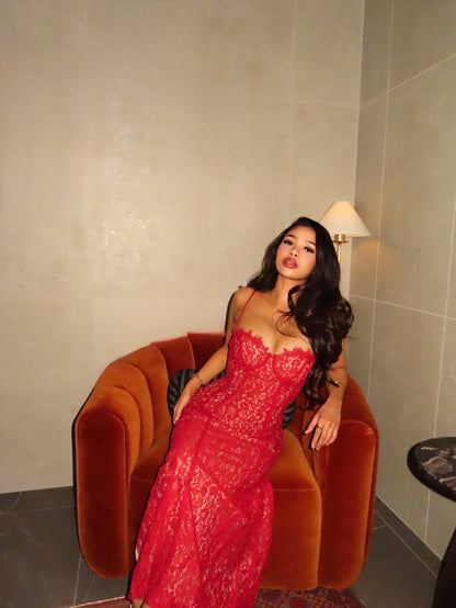 Charming Red Sheath Spaghetti Strap Lace Long Prom Dress Evening Dress DP7474