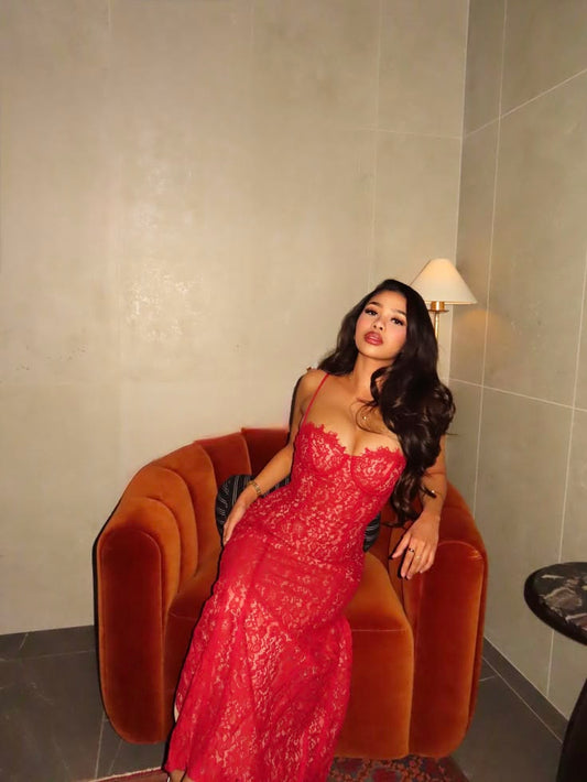 Charming Red Sheath Spaghetti Strap Lace Long Prom Dress Evening Dress DP7474