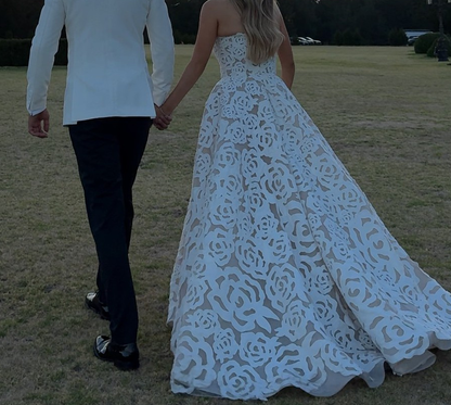Elegant A Line Strapless Floral Satin Tulle Long Wedding Dress DP1751