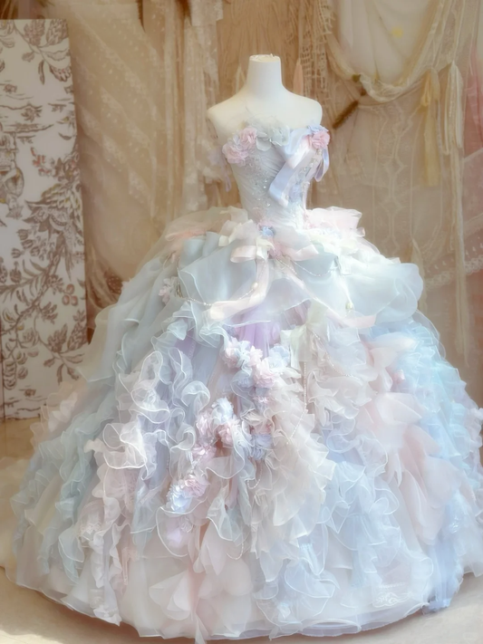 Unique Ball Gown Strapless Floral Beaded Layered Organza Prom Dress 16th Birthday Dress DP3771