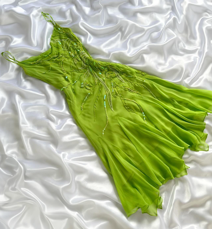 Vintage A Line Bright Green Beaded Chiffon Homecoming Dress Outfits DP5133