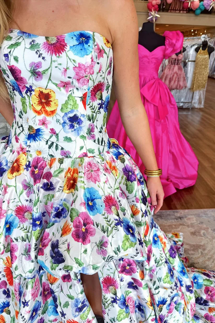 Stunning Colorful A Line Strapless Print Floral Layered Satin Evening Dress Prom Dress DP7647
