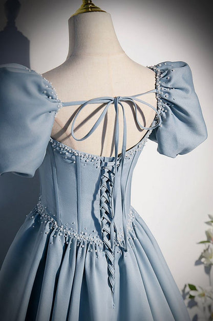 A Line Puff Sleeve Blue Satin Pearl Long Prom Dress Evening Dress DP1102