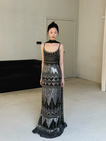 Stunning A Line Straps Exquisite Beaded Black Chiffon Long Prom Dress Party Dress DP4466