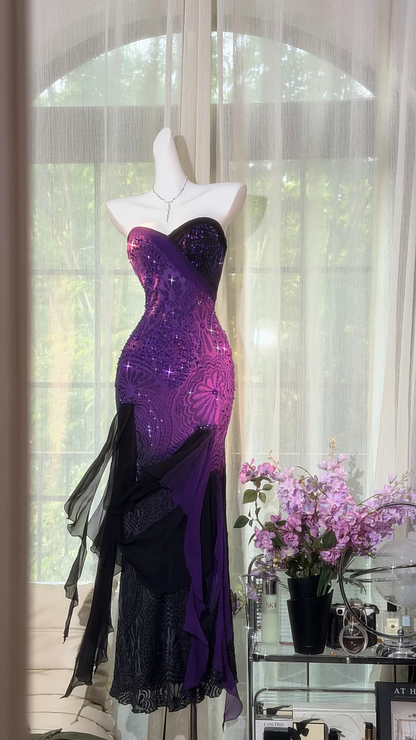 2000s Midnight Purple Ombre Beaded Ruffled Gown Prom Dress DP5154