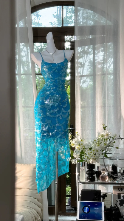 Blue Sparkling Sequin Long Tulle Ball Gown Evening Gown Birthday Gown Wedding Gown DP2913