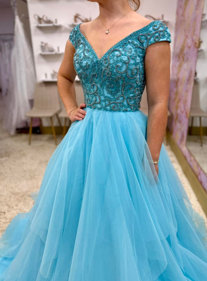 Romantic Blue A Line Off the Shoulder Beaded Tulle Long Prom Dress Evening Dress DP6569