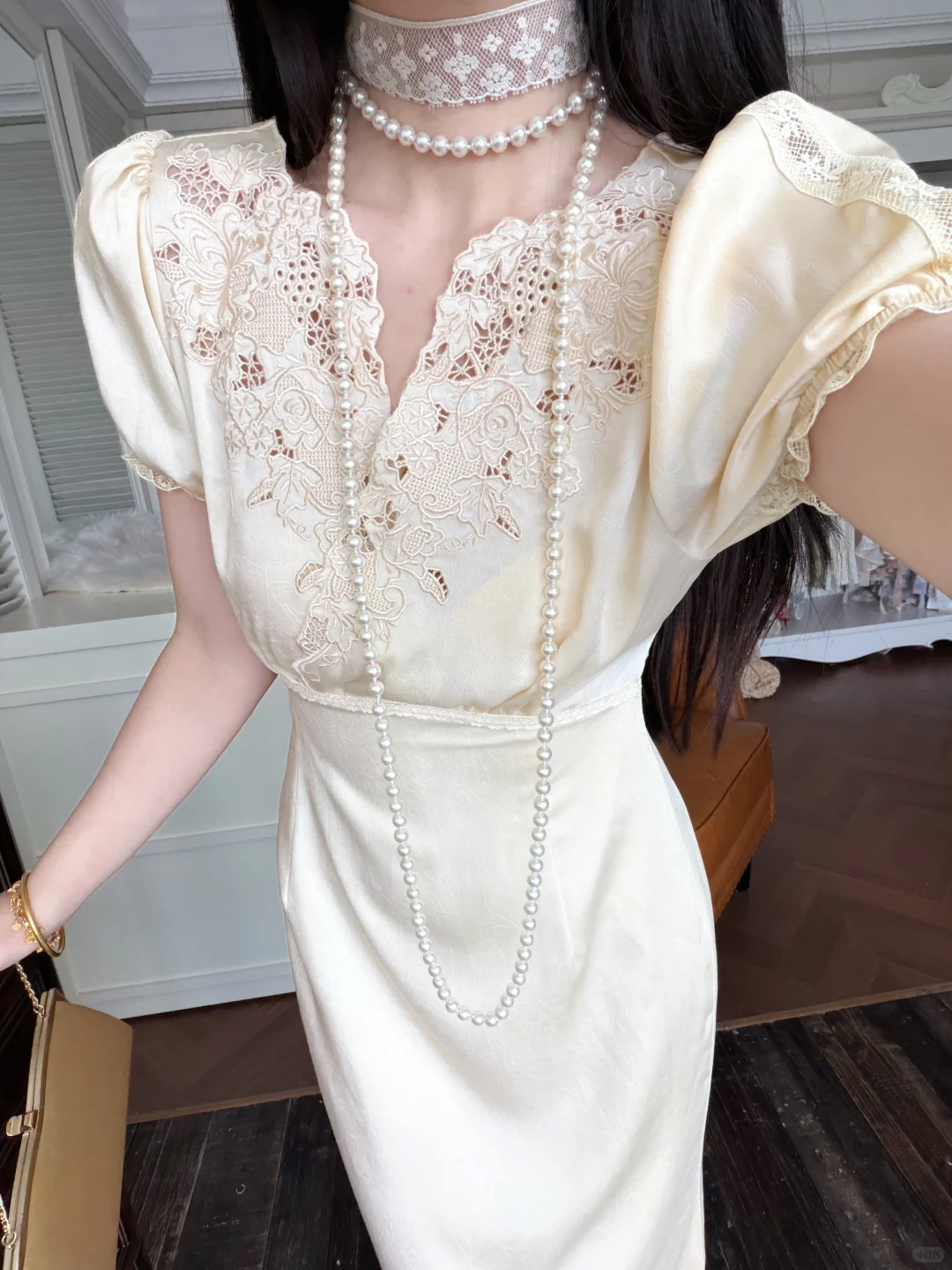 Vintage Pretty A Line Puff Sleeve Lace Satin Long Prom Dress Evening Dress DP6464