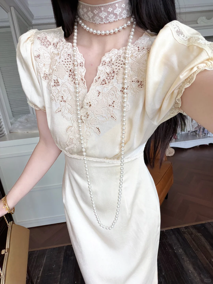 Vintage Pretty A Line Puff Sleeve Lace Satin Long Prom Dress Evening Dress DP6464