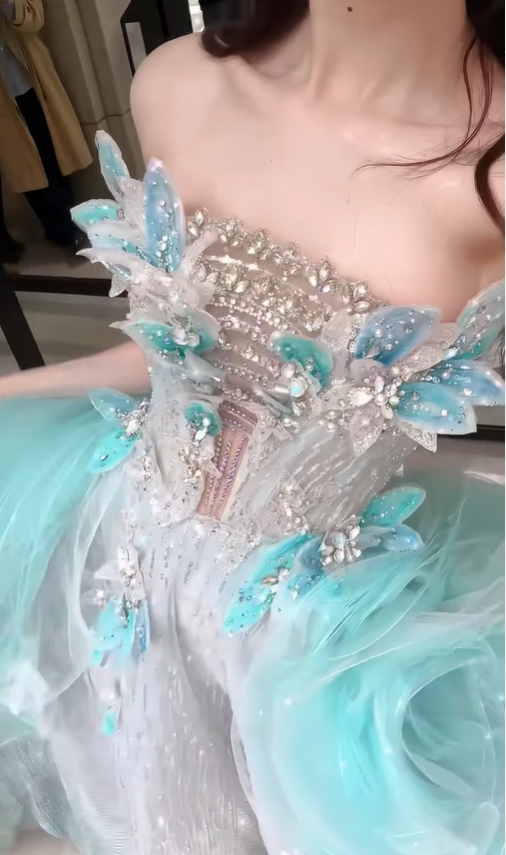 Stunning Blue Ball Gown Strapless Beaded Ruffle Organza Long Prom Dress DP4610
