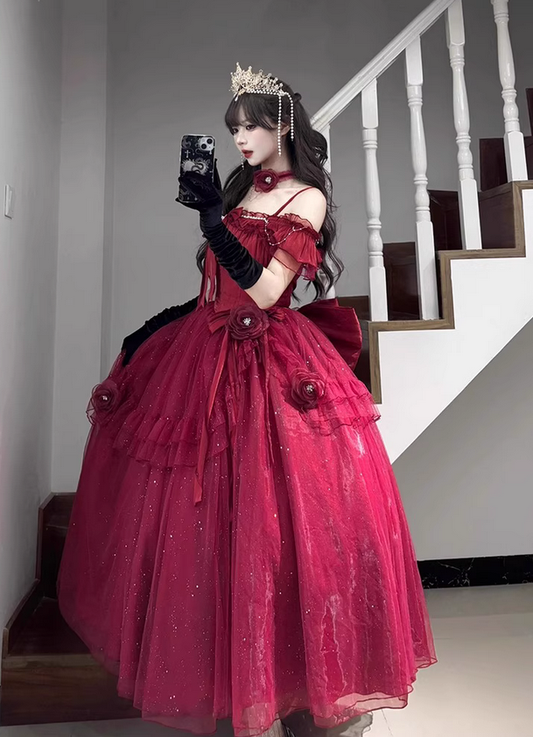 Burgundy Ball Gown Straps Pearls Sequin Tulle Prom Dress 16th Birthday Dress DP4502