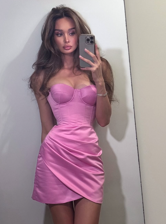 Two Piece Hot Pink Pleated Sweetheart Neck Satin Short Party Dress Homecoming Dress Cocktail Dress DP3007