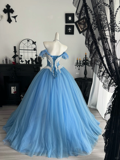 Blue Ball Gown Off the Shoulder Feather Beaded Tulle Prom Dress Quinceanera Dress DP6956