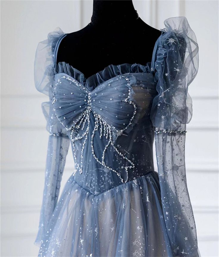 Blue Tulle Beaded Long Fairy Ball Gown Long Sleeves Tulle Prom Dress Quinceanera Dress DP306