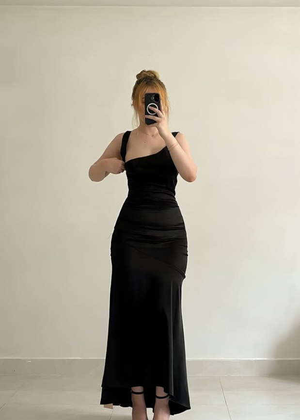 Black Mermaid Straps Satin Backless Long Prom Dress Evening Dress DP6440