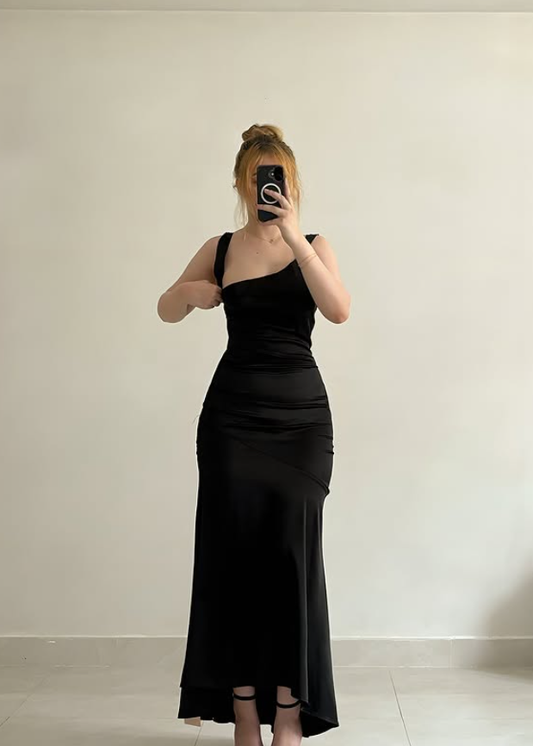 Black Mermaid Straps Satin Backless Long Prom Dress Evening Dress DP6440