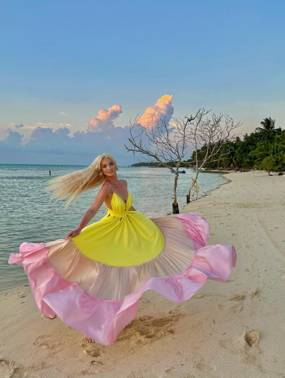 Pink Yellow A Line Spaghetti Strap Satin Vacation Dress Outfits DP3284
