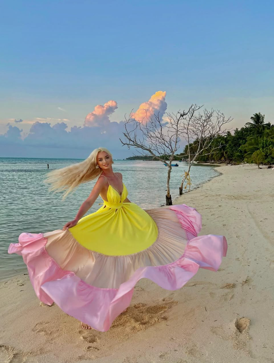Pink Yellow A Line Spaghetti Strap Satin Vacation Dress Outfits DP3284
