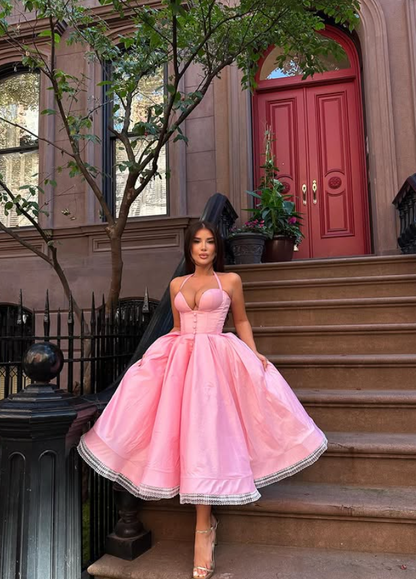 Pink A Line Halter Satin Tea Length Prom Dress Evening Dress DP5397