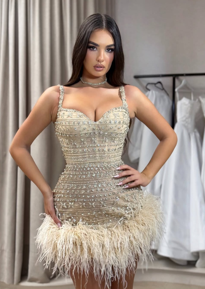 Sexy Rhinestone Sheath Straps Feather Tulle Short Prom Dress Homecoming Dress DP6128