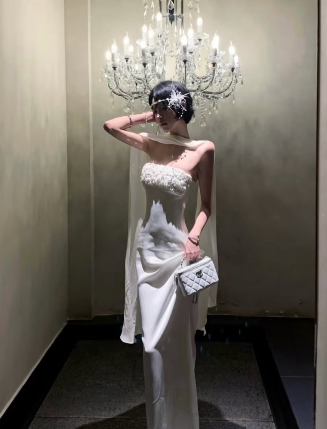 Elegant Ivory Sheath Strapless Beaded Satin Prom Dress Evening Dress DP7940