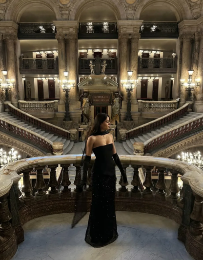 Elegangt Black Sheath Strapless Shiny Beaded Sequin Satin Prom Dress Evening Dress DP5026