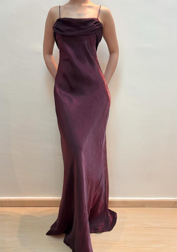 Vintage Dark Burgundy Simple Sheath Chiffon Satin Prom Dress Evening Dress Date Dress DP5284