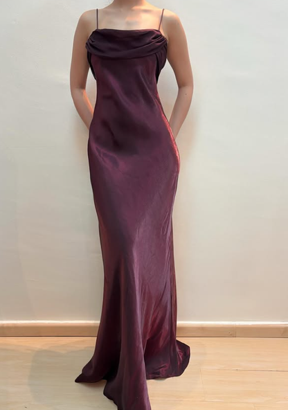 Vintage Dark Burgundy Simple Sheath Chiffon Satin Prom Dress Evening Dress Date Dress DP5284