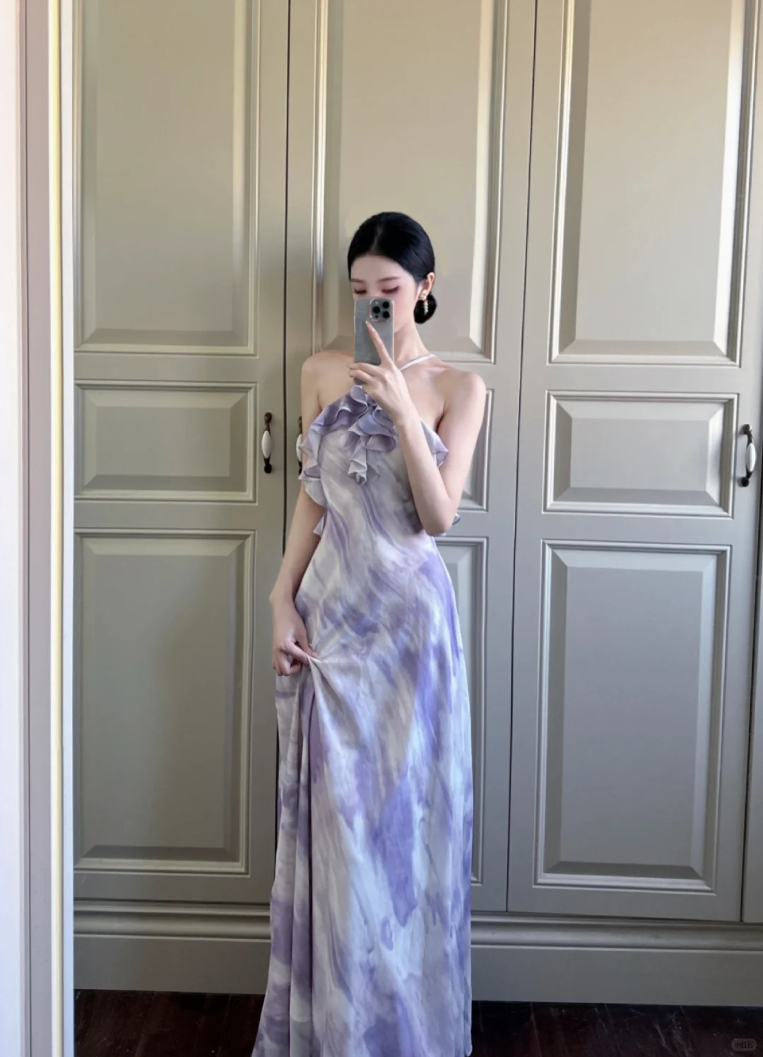 Pretty A Line Halter Ruffle Purple Chiffon Long Prom Dress Outfits DP4615