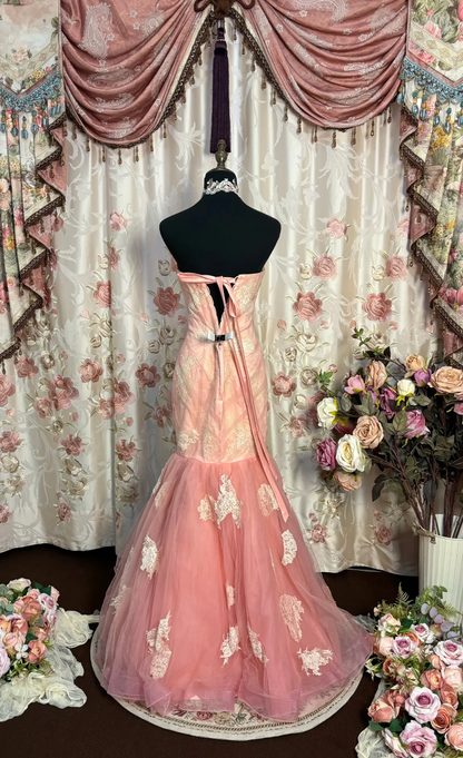 Pink Vintage Mermaid Sweetheart Neck Lace Appliques Tulle Prom Dress Party Dress DP3173