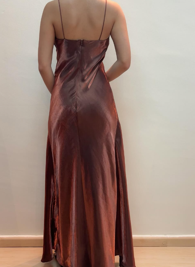 Vintage A Line Spaghetti Strap Beaded Brown Satin Prom Dress Evening Dress DP1779